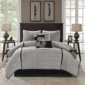 JLA Home Madison Park - 7 Faux Suede Comforter Set - Soft Microsuede, Pintuck Texture, Grey with Black Accents, Lightweight Elegance 90 L x 90 W x 1.5H MP10-146