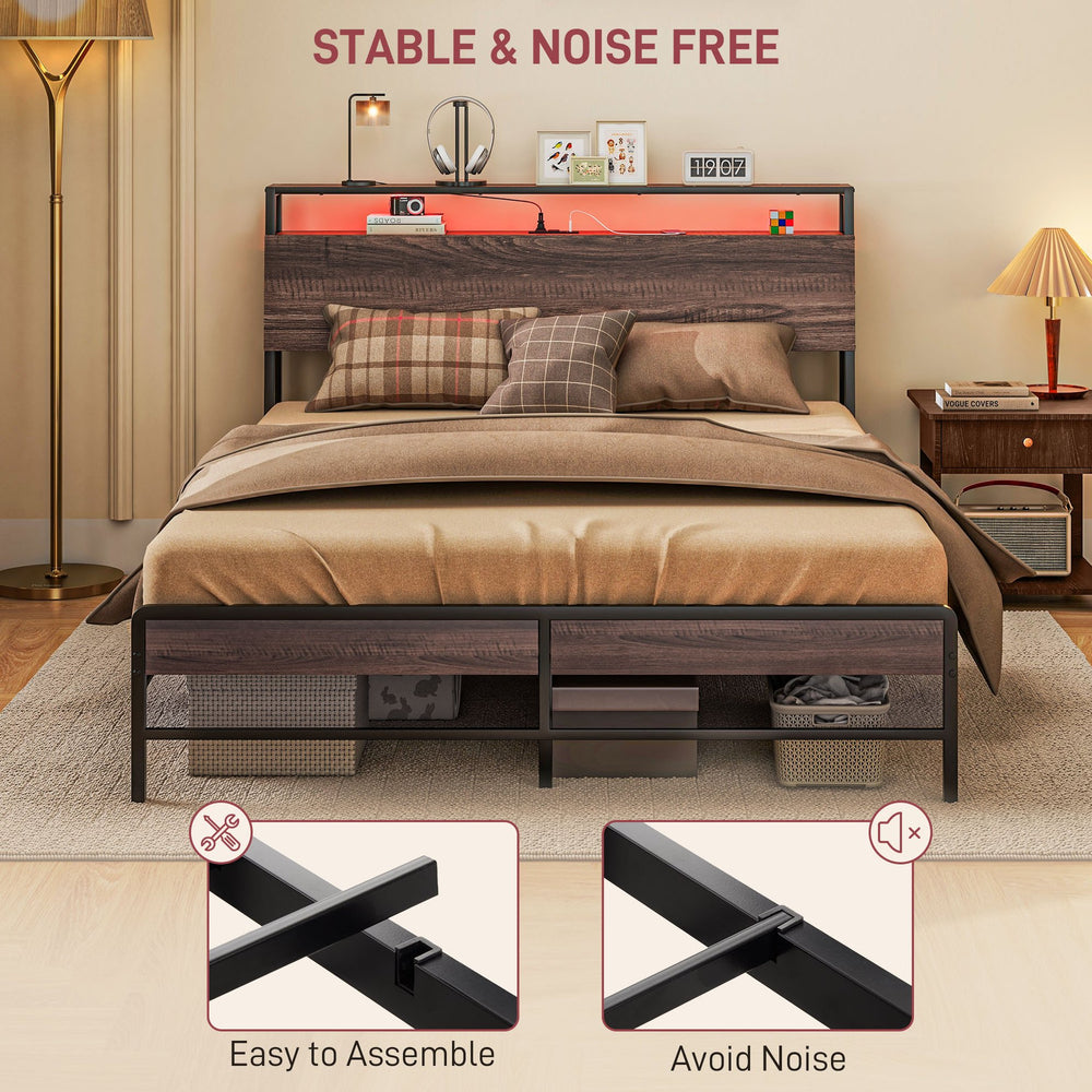 English Elm HOMCOM LED Platform Queen Bed Frame with USB-C Charging Station, 3-Tier Shelf, Noise-Free Support Walnut W2225P249912