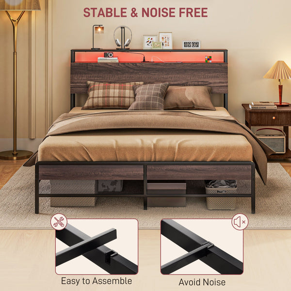 English Elm HOMCOM LED Platform Queen Bed Frame with USB-C Charging Station, 3-Tier Shelf, Noise-Free Support Walnut W2225P249912
