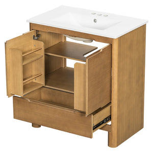 English Elm [video] 30 Inch Freestanding Bathroom Vanity Pine Legs Ceramic Sink Soft Close Storage Natural N759P412928N