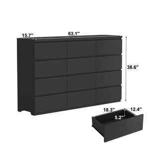 English Elm 12 Drawer Wide Double Dresser Modern Symmetrical Wood Storage Chest for Bedroom Black W409S00016
