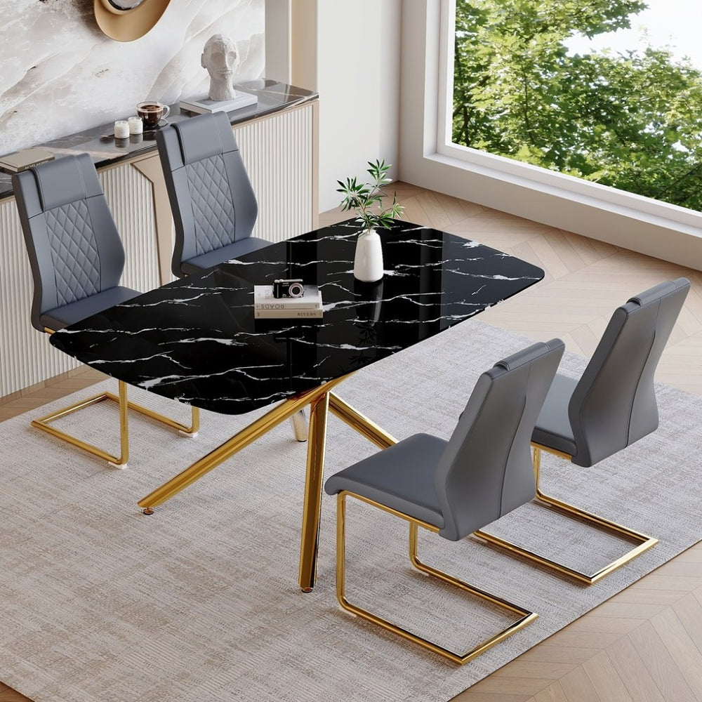 English Elm Table and Chair Set Marble Tempered Glass Top Gold Sculptural Legs Four Pu Seats Black+Gold,Dark Gray W1151S03296