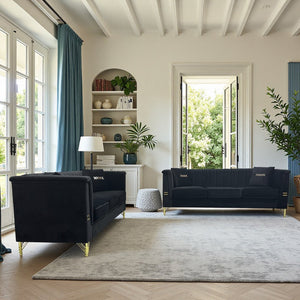 English Elm FX-P82-2PC Velvet Sofa Set of 2 — Plush Tufted 3-Seater Couches with Gold Metal Legs for Stylish Homes Black W576S00241