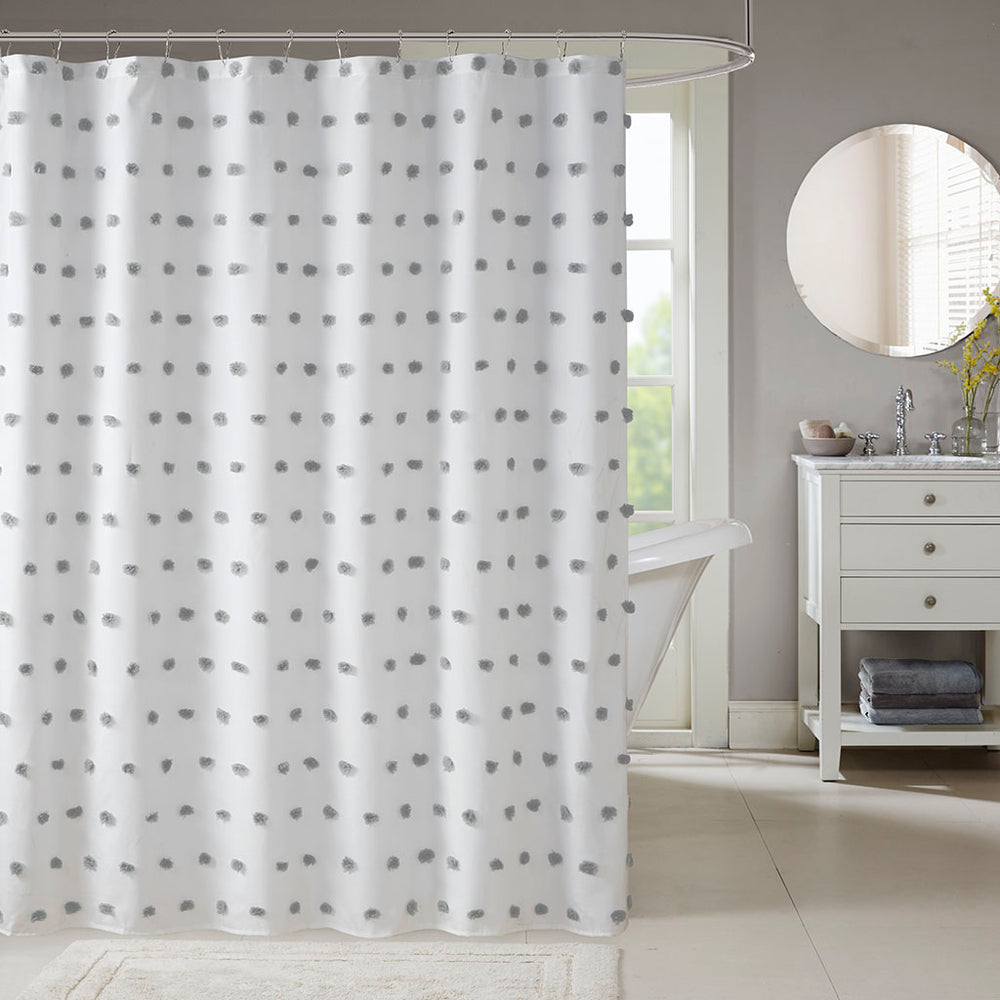 JLA Home Madison Park - Shower Curtain with Soft Fabric Pom-Poms on White Ground — Textured, Machine-Washable 72"x72" Grey MP70-6598