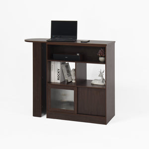 English Elm Modern Bar Cabinet Walnut with Rotating Top, Counter-Height Storage, 6 Shelves & Ribbed Glass Doors W409P167484