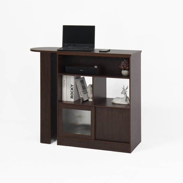 English Elm Modern Bar Cabinet Walnut with Rotating Top, Counter-Height Storage, 6 Shelves & Ribbed Glass Doors W409P167484