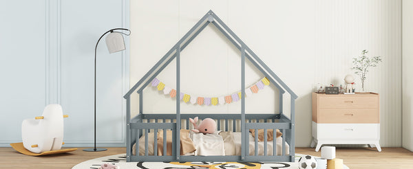English Elm Full House-Shaped Floor Bed with Fence and Guardrails, Pine Wood Play Loft for Imaginative Kids Retreat Grey W504P143293