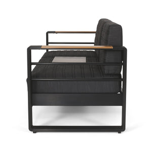 English Elm Christopher Knight Home® - GIOVANNA Aluminum 3-Seater Sofa in Black — Rust-Resistant Frame, Water-Resistant Cushions, Wood-Accent Slat Design 71820.00BLK