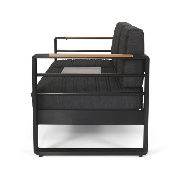 English Elm Christopher Knight Home® - GIOVANNA Aluminum 3-Seater Sofa in Black — Rust-Resistant Frame, Water-Resistant Cushions, Wood-Accent Slat Design 71820.00BLK