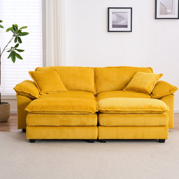 English Elm Corduroy Plush 2-Seat Sofa with 2 Back Cushions, Toss Pillows & Ottomans — Deep Seat Comfort Yellow W2363S00063