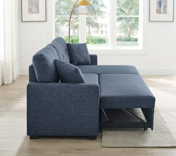 English Elm 76.5" Chenille Tufted Sectional Sleeper Sofa with Reversible Chaise and Hidden Storage Dark Blue B2748S00003