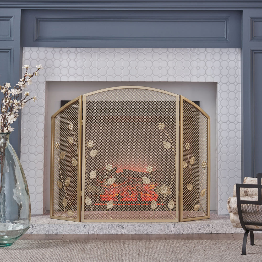 English Elm Christopher Knight Home® - FIRE Screen Gold Iron Fireplace Shield with Decorative 35.25x26.75 Inch Durable Heat-Resistant Guard 65186.00GLD