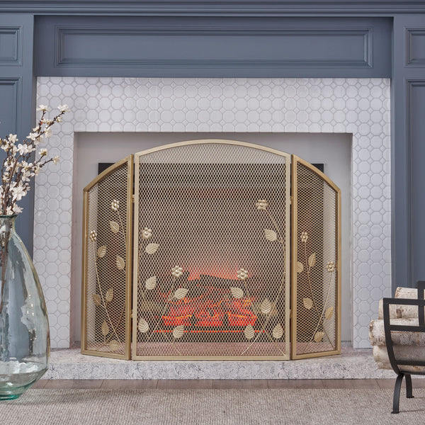 English Elm Christopher Knight Home® - FIRE Screen Gold Iron Fireplace Shield with Decorative 35.25x26.75 Inch Durable Heat-Resistant Guard 65186.00GLD