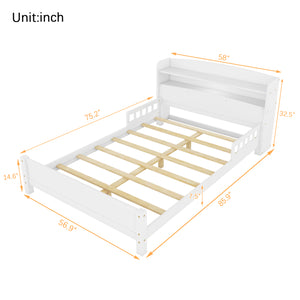 English Elm Full Pine Wood Bed with Bookcase Headboard and LED Motion Sensor Light, Guardrails & Storage Space White W504P277600