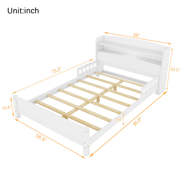 English Elm Full Pine Wood Bed with Bookcase Headboard and LED Motion Sensor Light, Guardrails & Storage Space White W504P277600