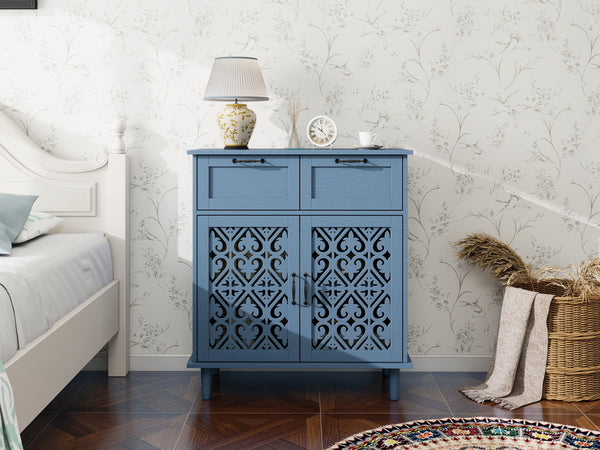 English Elm 2 Door 2 Drawer Cabinet with Solid Wood Feet, Smooth Slide Rails, Anti-Tip Lock, Easy Clean Surface Blue W688P179040