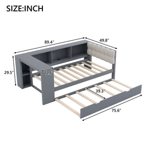 English Elm Wood Twin Platform Bed Linen Headboard Storage Shelves Trundle Charging Station Gray N709P004023E
