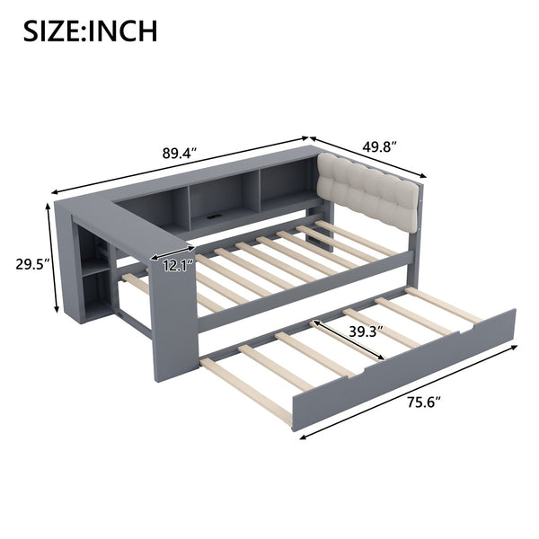 English Elm Wood Twin Platform Bed Linen Headboard Storage Shelves Trundle Charging Station Gray N709P004023E