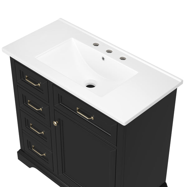 English Elm 36-Inch Modern Bathroom Vanity with Ceramic Basin, 4 Drawers & Soft-Close Door, Pre-Drilled Faucet Ready, Durable MDF and Solid Wood Construction (36"L x 18.3"W x 33.4"H) Black N725P296118B
