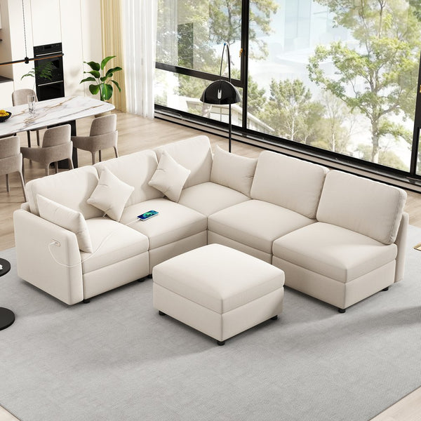English Elm 86.6" Sectional Sofa Modular U-Shape Convertible Sofa Bed with Movable Ottoman, USB Ports & Chenille Comfort Beige N719S002130A