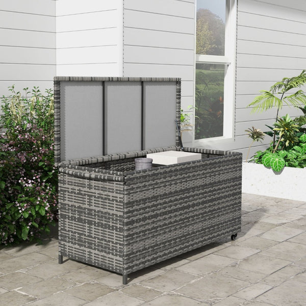 English Elm Outsunny 83 Gallon Outdoor Storage Chest On Wheels - Stylish Pe Wicker Deck Box For Garden & Pool Use W2225P217544-GIGA