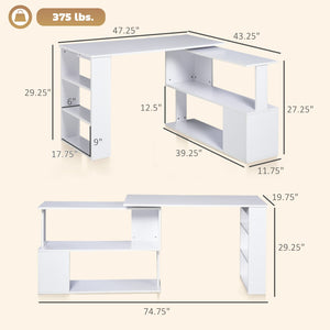 English Elm L Shaped Corner Desk with Rotating Joint Bookcase and S Shelf for Home Office White T3971P433586