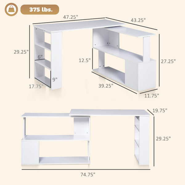 English Elm L Shaped Corner Desk with Rotating Joint Bookcase and S Shelf for Home Office White T3971P433586