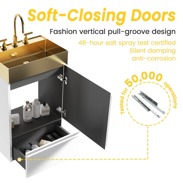 English Elm Gada Fluted Sage Freestanding Bathroom Vanity with Brushed Brass Vessel Sink Cabinet Matte White W1865S00215