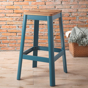 English Elm Natural Farmhouse Teal Armless Bar Stool with Cut-Out Handle, Solid Pine Seat and Metal Crossbar Support B062P186544