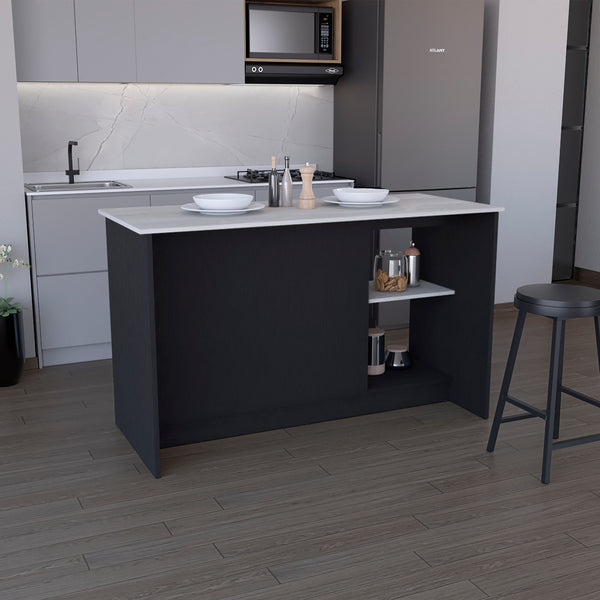 English Elm Kitchen Island With Spacious Countertop, Open Shelves & Double Door Storage - Modern Black/Onyx Design B097S00184