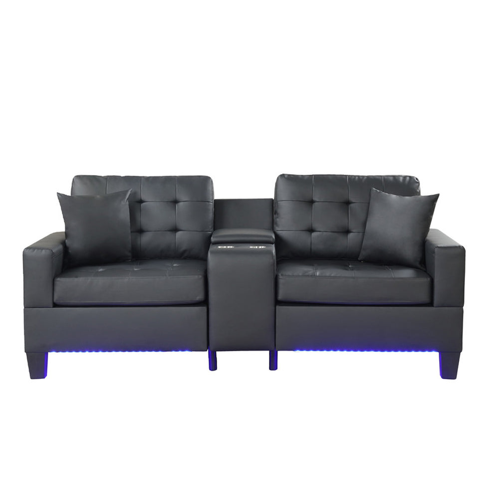 English Elm PVC Tufted Upholstered Sofa with LED Lights, USB Charging, Storage Console & Cupholders for Modern Living Room Comfort and Style B016S00048