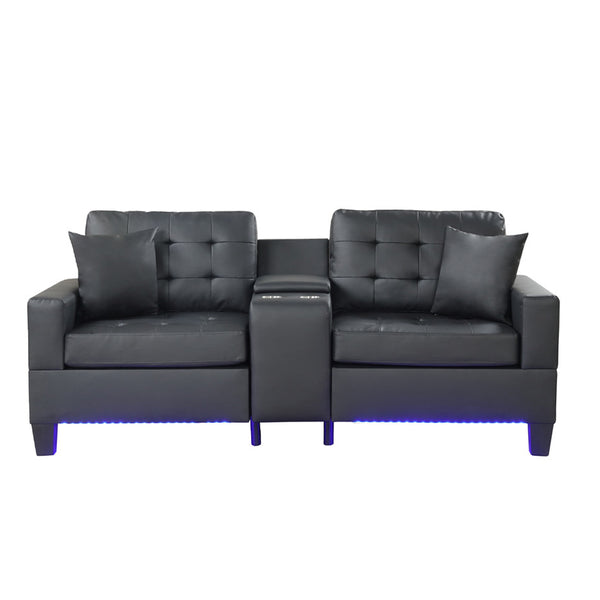 English Elm PVC Tufted Upholstered Sofa with LED Lights, USB Charging, Storage Console & Cupholders for Modern Living Room Comfort and Style B016S00048