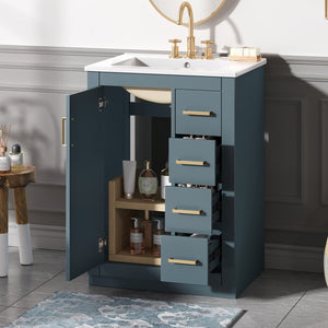 English Elm 24" Bathroom Vanity With Ceramic Sink - Stylish Blue Cabinet, Soft-Close Drawers & Modern Elegance N710P341038C