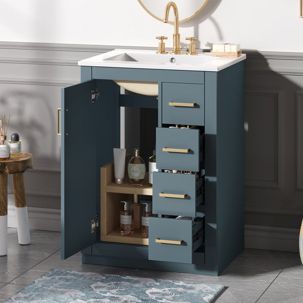 English Elm 24" Bathroom Vanity With Ceramic Sink - Stylish Blue Cabinet, Soft-Close Drawers & Modern Elegance N710P341038C