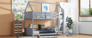 English Elm Twin House Floor Bunk Bed With Guardrails, Ladder & Headboards - Stylish Light Grey Rubber Wood Design W504P227969-GIGA