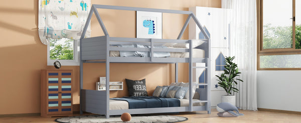 English Elm Twin House Floor Bunk Bed With Guardrails, Ladder & Headboards - Stylish Light Grey Rubber Wood Design W504P227969-GIGA