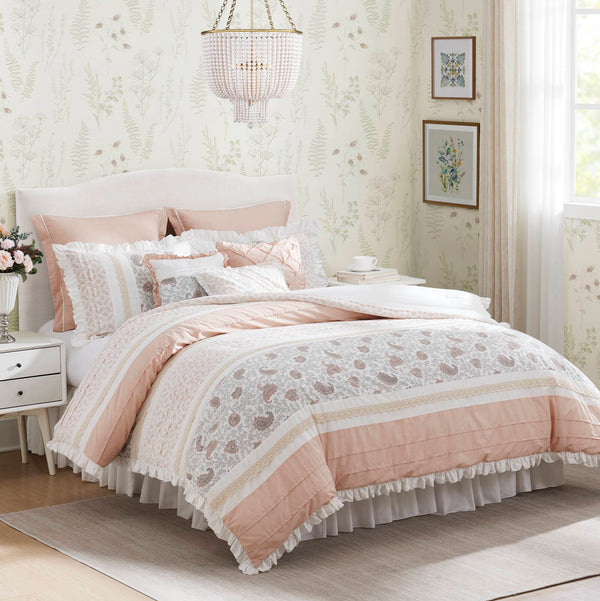 English Elm 9 Piece Cotton Percale Comforter Set In Blush King - Elegant Shabby-Chic Design With Decorative Accents B03597158