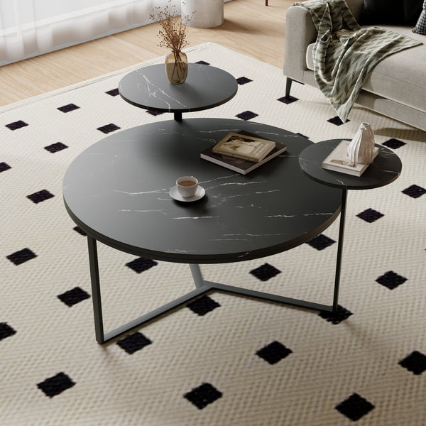 English Elm Modern round coffee table with black faux marble top, tripod metal base and two display shelves, sleek storage flair N735P177472B