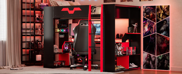 English Elm Full Size Gaming Loft Bed with Rgb Lighting Built-in Desk and Usb Charging Ports LT000275AAJ