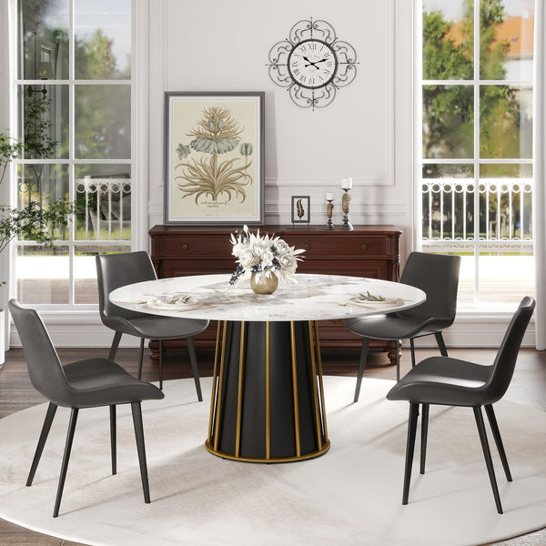 English Elm 59.05"Modern 59.05" Modern Round Dining Table With Premium Sintered Stone Top & Iron Base For 6-8 People W1535S00446