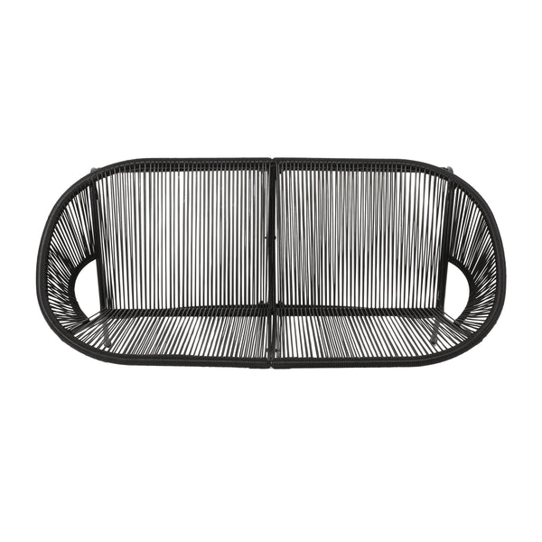 English Elm Christopher Knight Home® - CONDESSA Black Loveseat – Modern Hammock Weave Polyethylene Rattan on Matte Powder-Coated Iron Frame 67120.00BLK