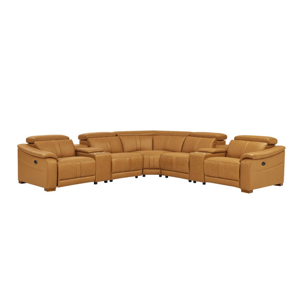 English Elm Leather Match Power Reclining Sectional with Storage Console and Adjustable Headrests Ginger B2748S00026