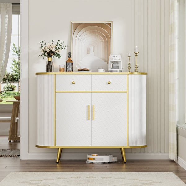 English Elm Luxury Fluted Curved Sideboard with Golden Legs Sculptural White Storage for Entryway T3773P417294