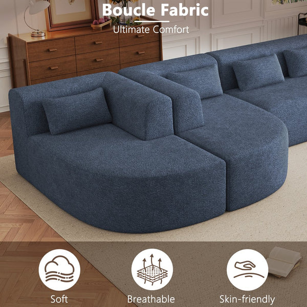 English Elm 144" Upholstered L-Shape Sofa with Bouclé Fabric, Plush Pocket-Spring Seats & Five Pillows for Living Room Blue N719S001850C