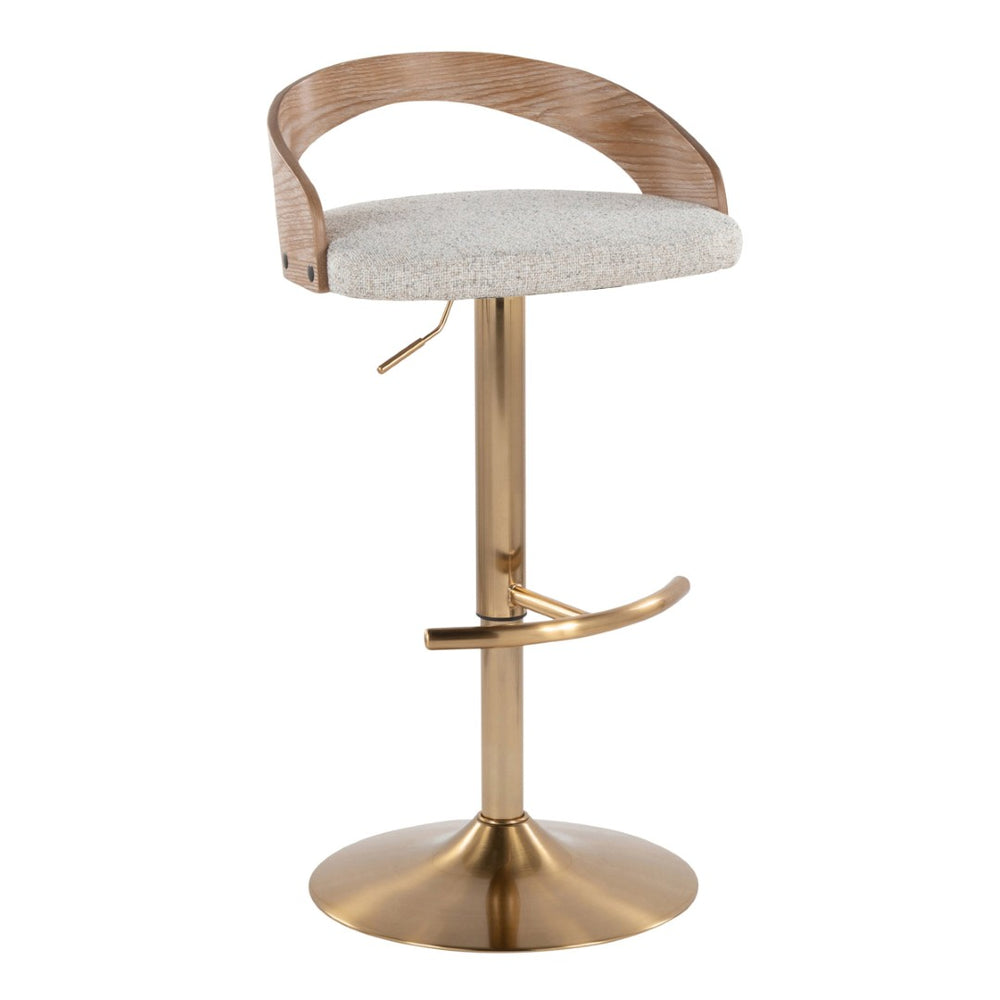 English Elm Adjustable Swivel Barstools Set of 3 Whitewashed Wood Oat Upholstered Gold Base B202S02187