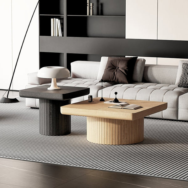 English Elm Modern Parquet Wood Nesting Coffee Tables Sculptural Fluted Pedestal Living Room Set Black+Natural W1435S00033