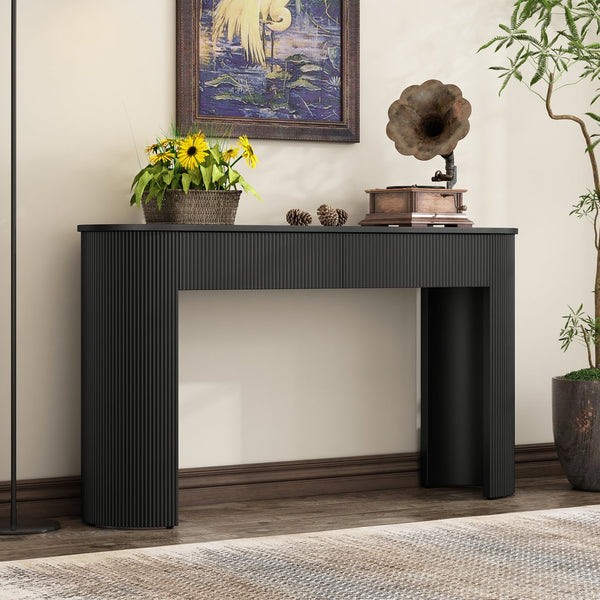 English Elm TREXM Modern Fluted Entryway Table with Oval Top, Two Handleless Drawers and Sleek Minimalist Design Black N715P233435B