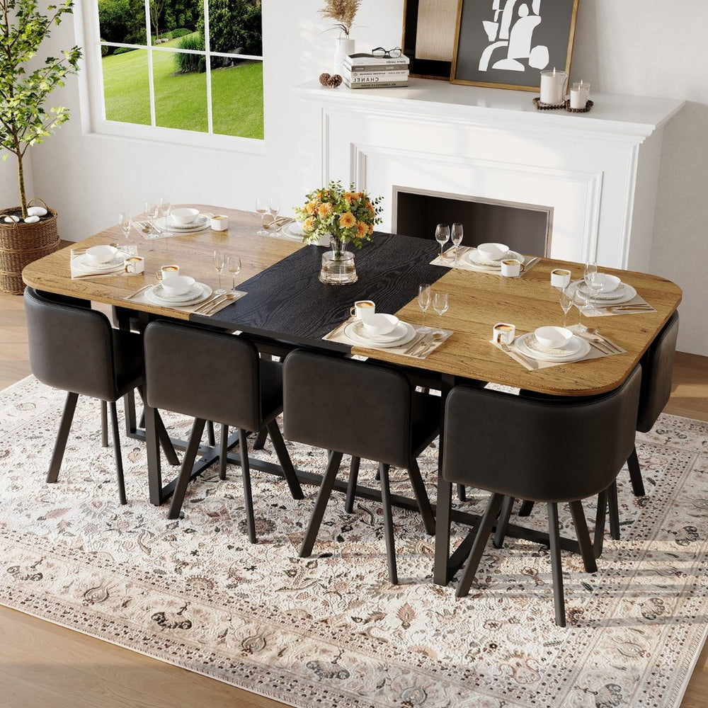 English Elm 9-piece Industrial Modern Dining Set Two-tone Wood Oval Table with Faux Leather Chairs W3875S00136