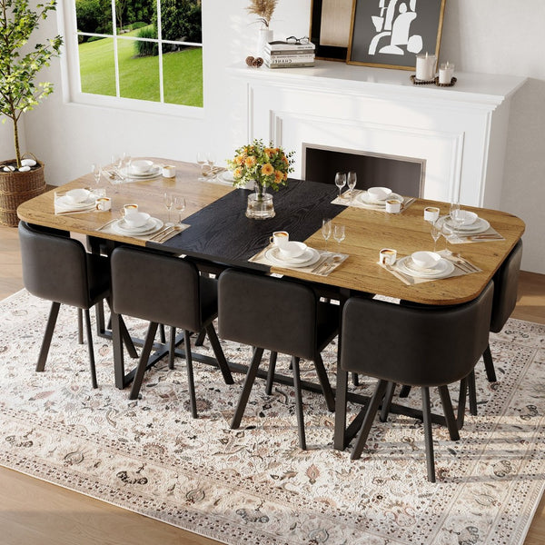 English Elm 9-piece Industrial Modern Dining Set Two-tone Wood Oval Table with Faux Leather Chairs W3875S00136