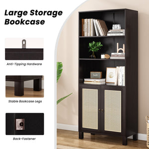 English Elm Tall Rattan Door Bookcase with 5 Shelves — Stylish Tall Storage Shelf for Living Room Office LibraryBedroom Walnut T3623P379905